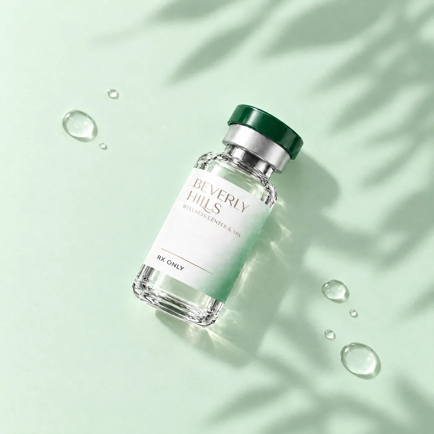 Beverly Hills Wellness Center vial lying on a mint surface with water droplets and a leaf shadow