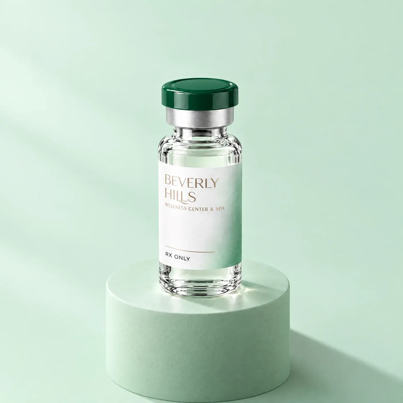 Beverly Hills Wellness Center vial on a mint pedestal, seen from a three-quarter angle