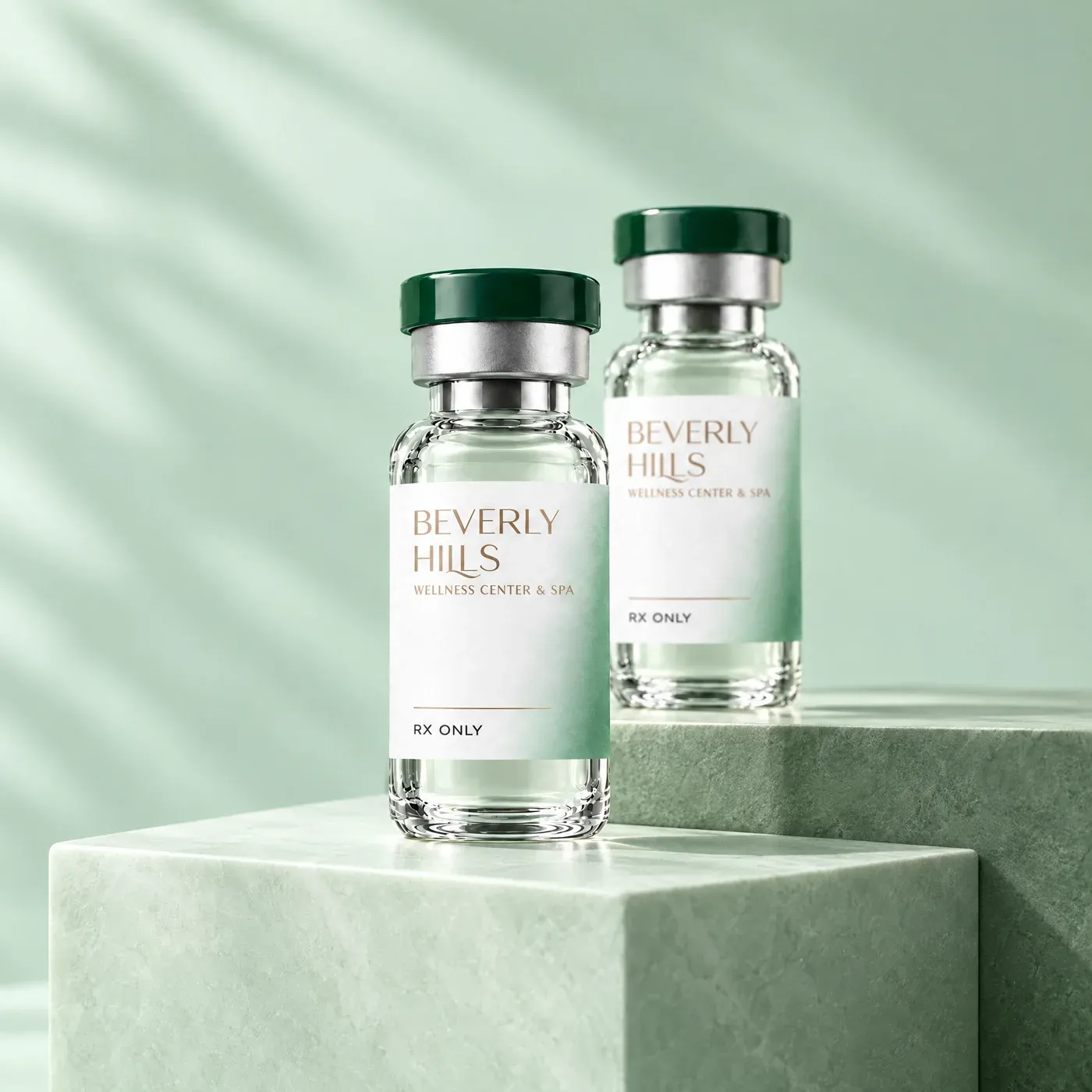 Two Beverly Hills Wellness Center vials on stepped mint stone blocks