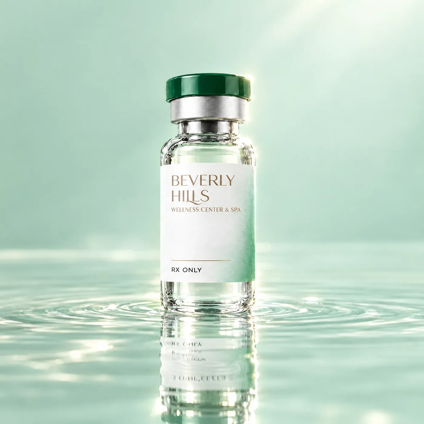 Beverly Hills Wellness Center vial standing in shallow water with a soft reflection