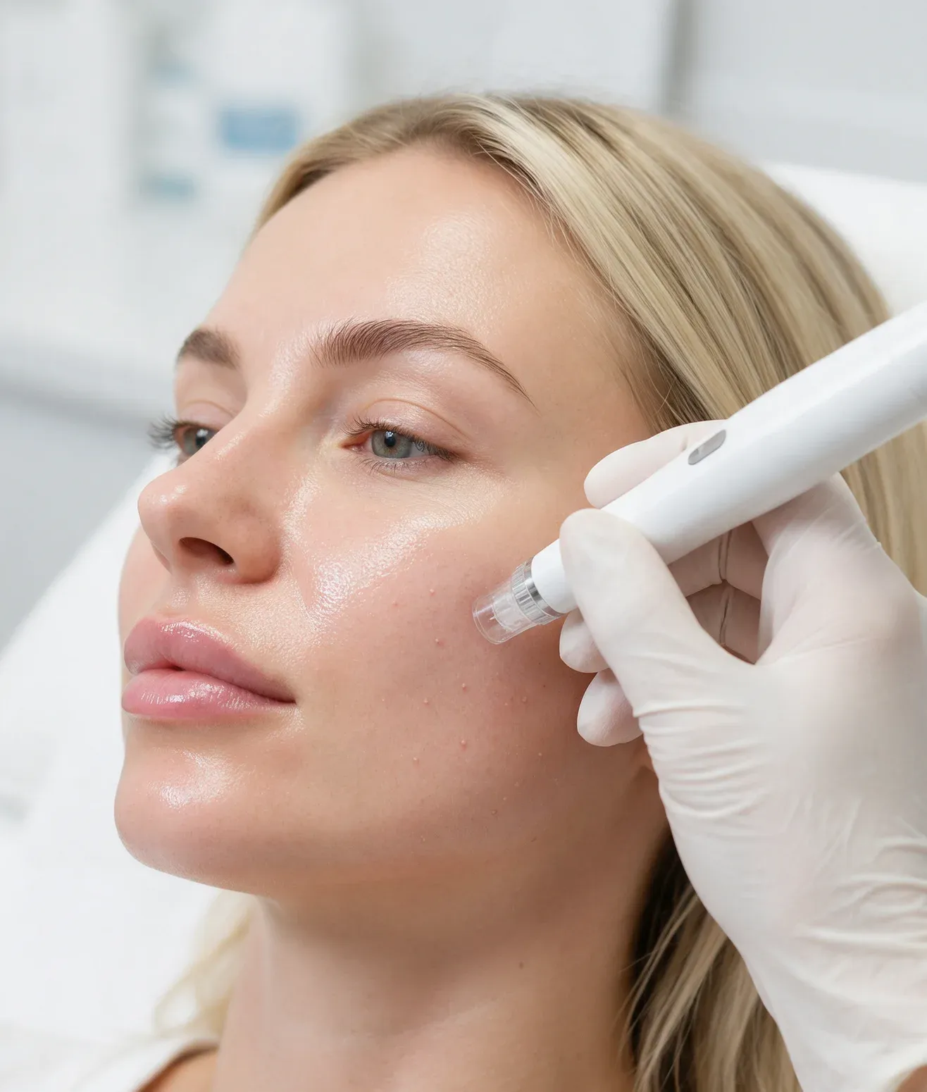 A woman lies back as a gloved hand guides a microneedling pen across her glossy cheek